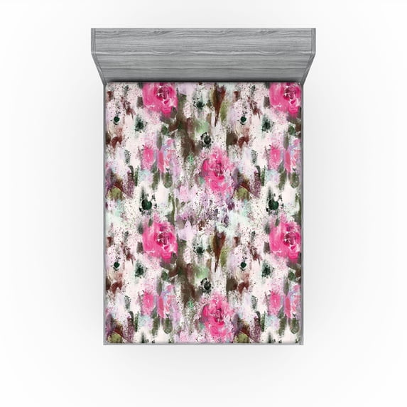 Ambesonne Grunge Floral Fitted Sheet, Abstract Pastel Bloom, California King, Hot Pink Pale Pink Teal
