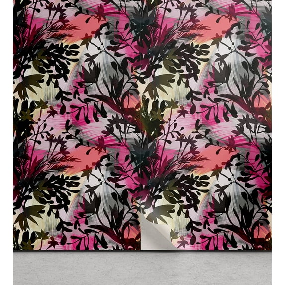 Ambesonne, Grunge Floral Peel & Stick Wallpaper for Home, Night Leaves Flowers, 13"x36", Hot Pink Hunter Green