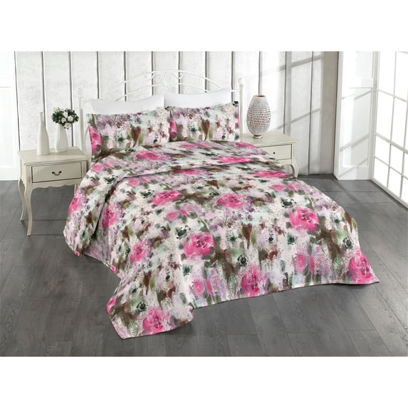 Ambesonne Grunge Floral Quilted Bedspread Set 3 Pcs, Abstract Pastel Bloom, Twin, Hot Pink Pale Pink Teal