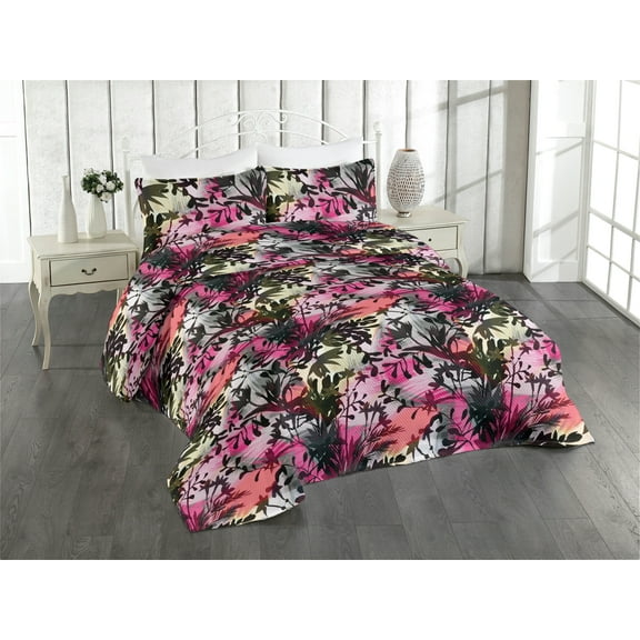 Ambesonne Grunge Floral Quilted Bedspread Set 3 Pcs, Night Leaves Flowers, Twin, Hot Pink Hunter Green