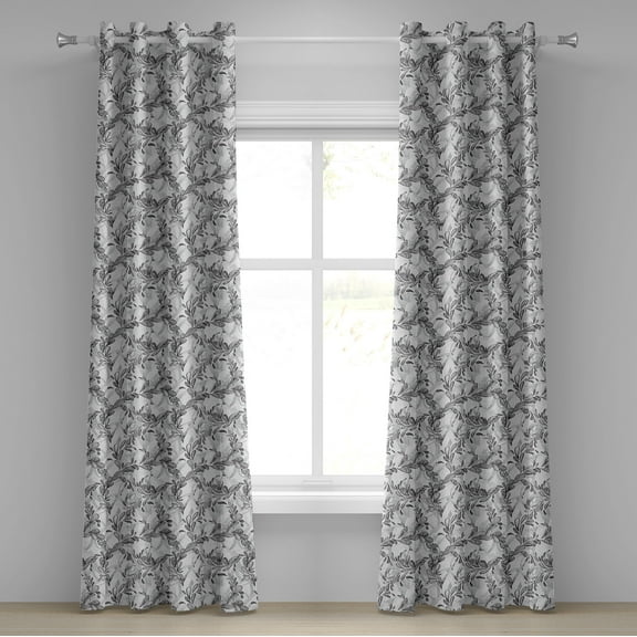 Ambesonne Grunge Grommet Curtain, Monochrome Sketch Leaf, 50" x 120", White Black Grey