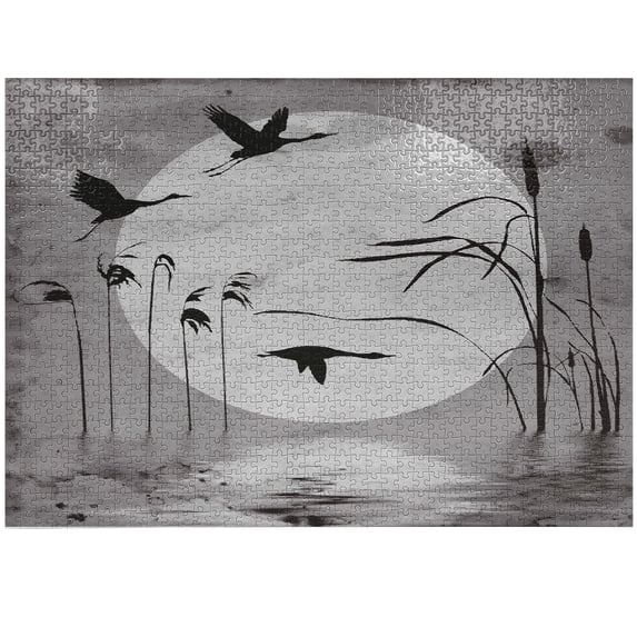 Ambesonne Grunge Jigsaw Puzzle Durable Cardboard, Heron Birds, 1000 pcs, Black Grey