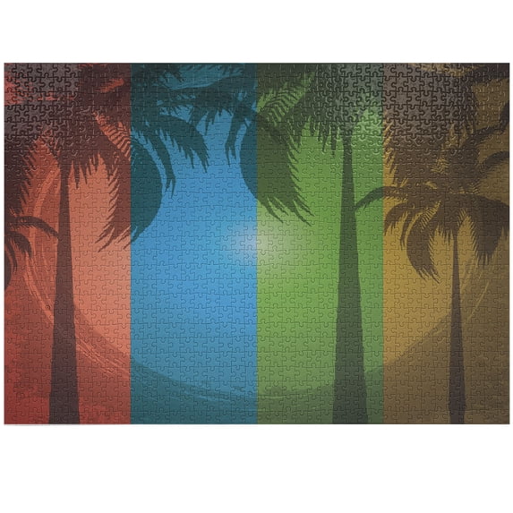 Ambesonne Grunge Jigsaw Puzzle, Palm Trees Bohemian, Heirloom-Quality Fun Activity for Family Durable Cardboard, 1000 pcs, Red Blue