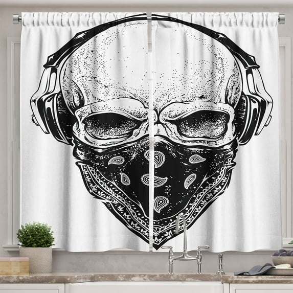 Ambesonne Grunge Kitchen Curtains, Gothic Skull Headphones, 55"x39", Pale Grey Black
