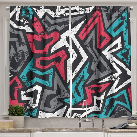 Ambesonne Grunge Kitchen Curtains, Hip Hop Culture Graffiti, 55"x39", Multicolor