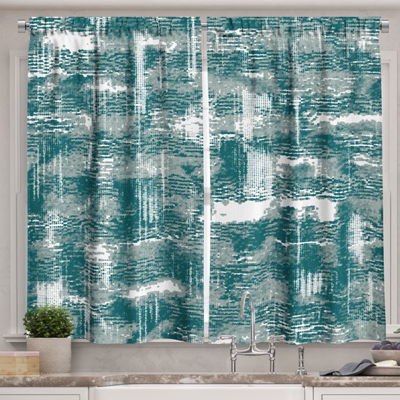 Ambesonne Grunge Kitchen Curtains, Weathered Motives Artwork, 55"x45", Teal Grey and White