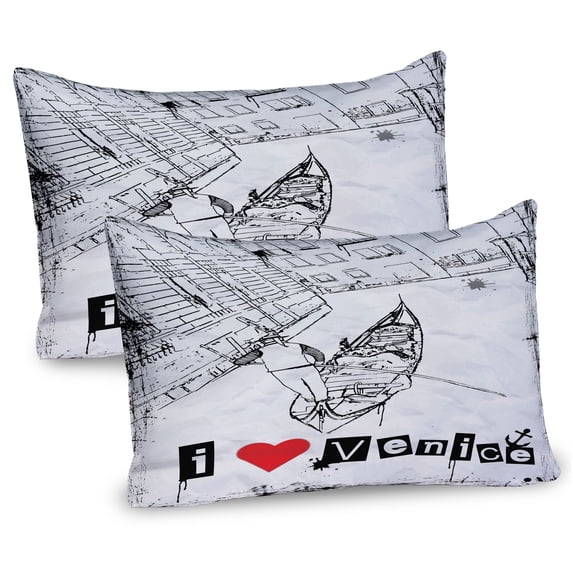 Ambesonne Grunge Pillow Sham 2 Pack, Venetian Canal Art Love, 26"x20", Red Black White
