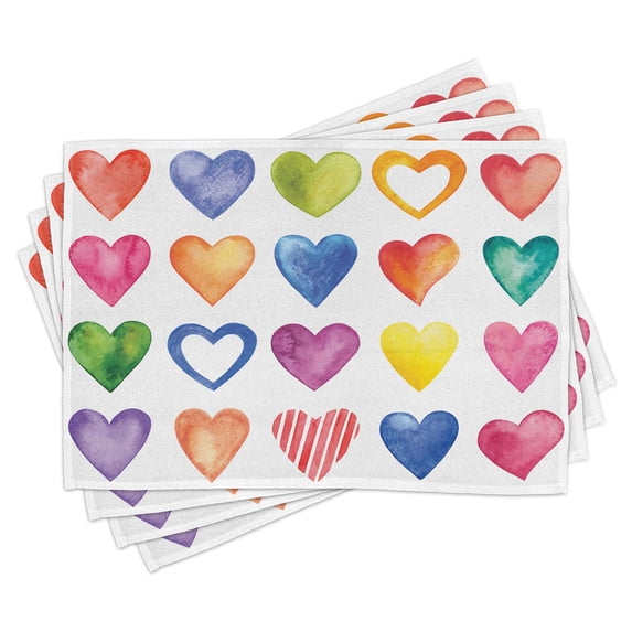 Ambesonne Grunge Place Mats Set of 4, Watercolor Heart Romance, Standard Size, Red Blue Yellow