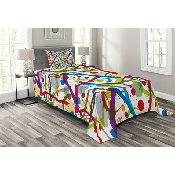 Ambesonne Grunge Quilted Bedspread Set 2 Pcs, Colorful Ink Splash Display, Twin Size, Multicolor