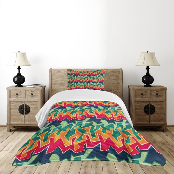 Ambesonne Grunge Quilted Bedspread Set 2 Pcs, Crazy Funky Graffiti, Twin Size, Multicolor