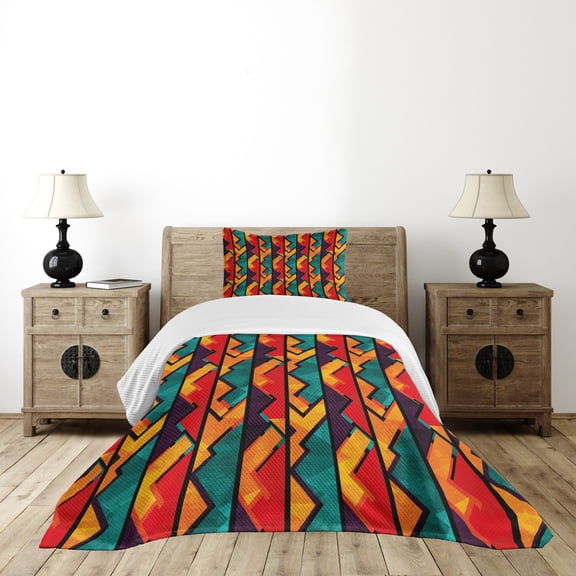 Ambesonne Grunge Quilted Bedspread Set 2 Pcs, Mosaic Style Zigzag Lines, Twin Size, Teal Vermilion Plum