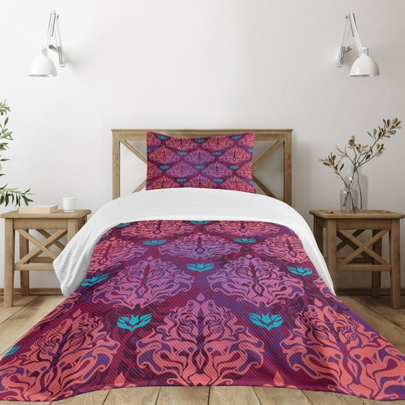 Ambesonne Grunge Quilted Bedspread Set 2 Pcs, Natural Lilac Pattern, Twin Size, Multicolor