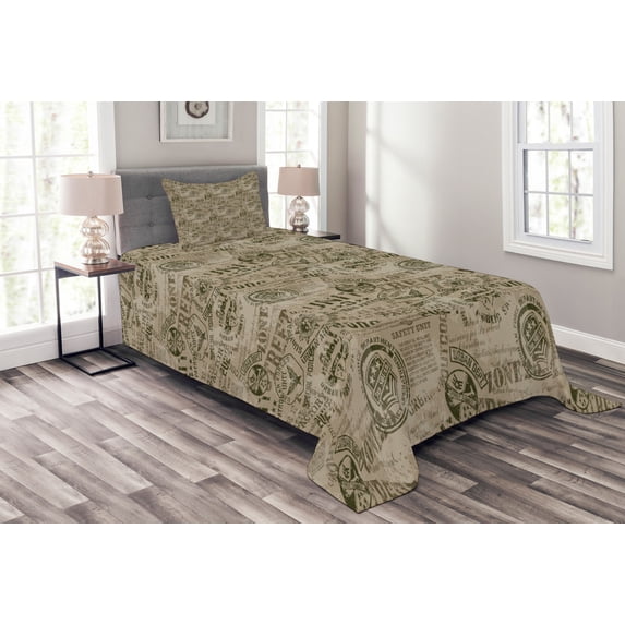 Ambesonne Grunge Quilted Bedspread Set 2 Pcs, Nostalgic Pins Old, Twin Size, Army Green Tan
