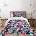 thumbnail image 1 of Ambesonne Grunge Quilted Bedspread Set 2 Pcs, Ornate Leaf Arrangement, Twin Size, Hot Pink Seafoam Black, 1 of 5