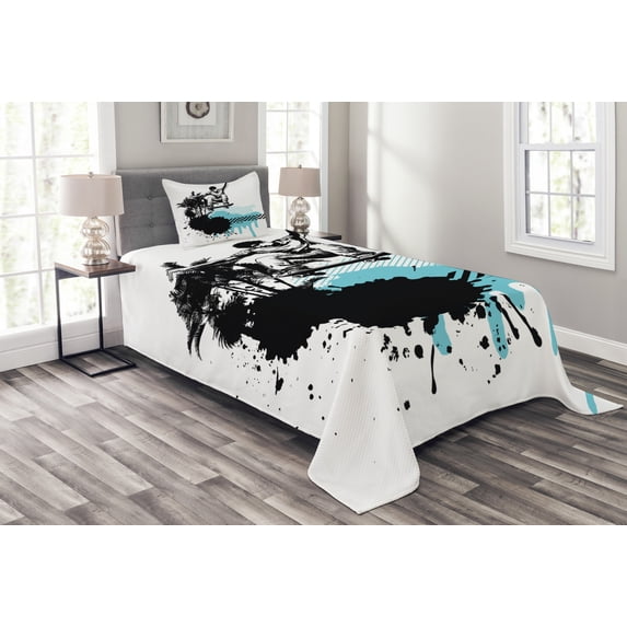 Ambesonne Grunge Quilted Bedspread Set 2 Pcs, Young Boy Skater Exotic, Twin Size, Black Pale Blue