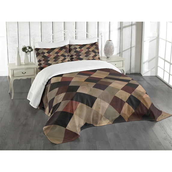 Ambesonne Grunge Quilted Bedspread Set 3 Pcs, Antique Brown Toned Grid, King Size, Multicolor