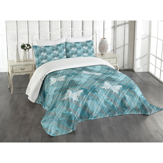 Ambesonne Grunge Quilted Bedspread Set 3 Pcs, Butterfly Spring Season, Queen Size, Pale Blue Teal Grey