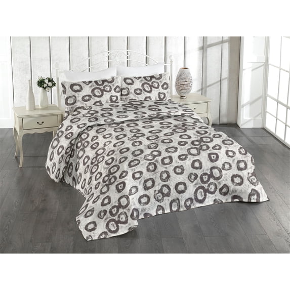Ambesonne Grunge Quilted Bedspread Set 3 Pcs, Circle Motifs Repeating Plot, King, Dark Taupe Grey and White