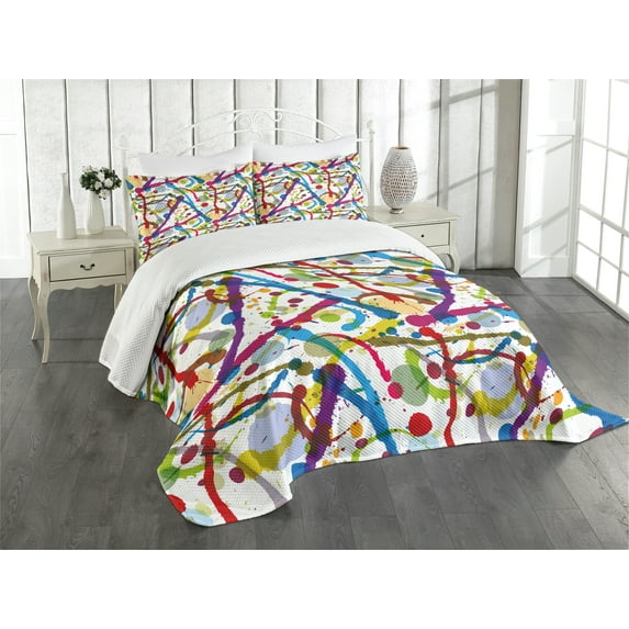 Ambesonne Grunge Quilted Bedspread Set 3 Pcs, Colorful Ink Splash Display, Queen Size, Multicolor