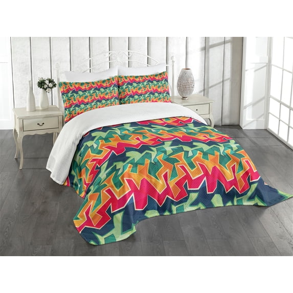 Ambesonne Grunge Quilted Bedspread Set 3 Pcs, Crazy Funky Graffiti, King Size, Multicolor