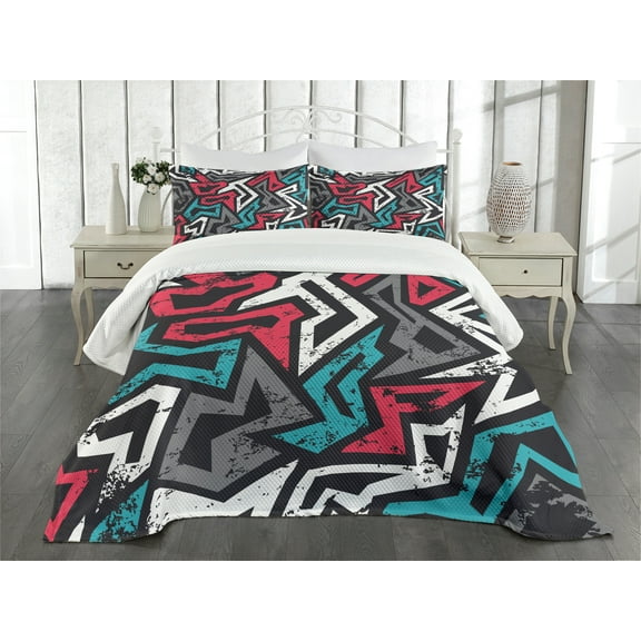 Ambesonne Grunge Quilted Bedspread Set 3 Pcs, Hip Hop Culture Graffiti, Queen Size, Multicolor