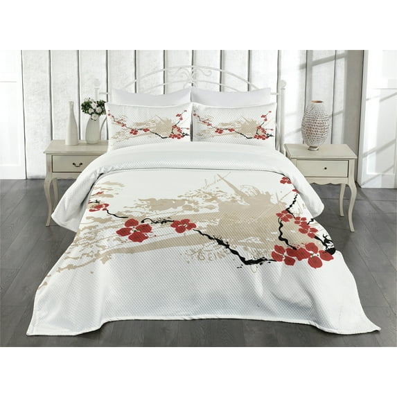 Ambesonne Grunge Quilted Bedspread Set 3 Pcs, Japan Sakura Flowers, Queen Size, Beige White Red