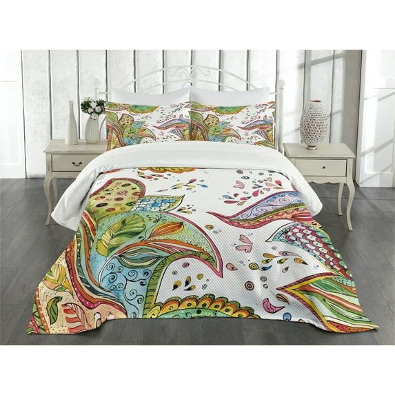 Ambesonne Grunge Quilted Bedspread Set 3 Pcs, Leaves Flowers Hearts, King Size, Green Orange