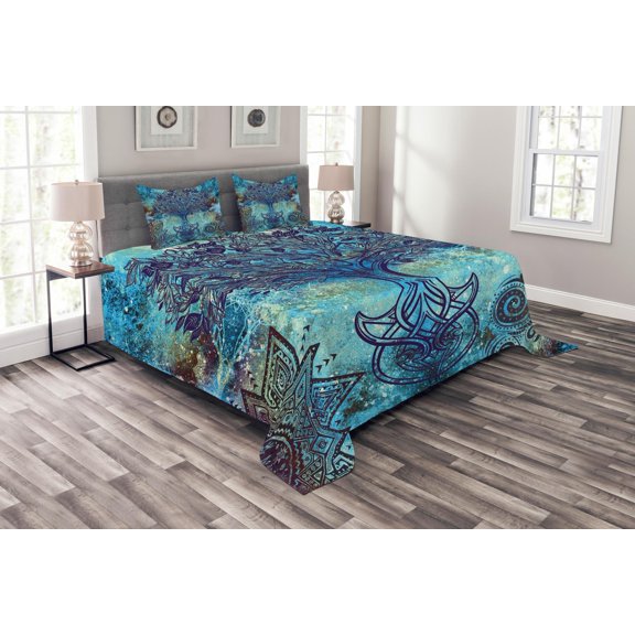 Ambesonne Grunge Quilted Bedspread Set 3 Pcs, Mandala Trees, King Size, Turquoise Brown