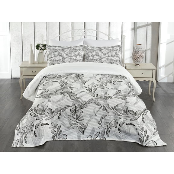 Ambesonne Grunge Quilted Bedspread Set 3 Pcs, Monochrome Sketch Leaf, King Size, White Black Grey
