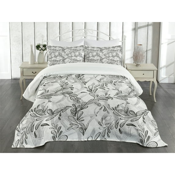 Ambesonne Grunge Quilted Bedspread Set 3 Pcs, Monochrome Sketch Leaf, King Size, White Black Grey
