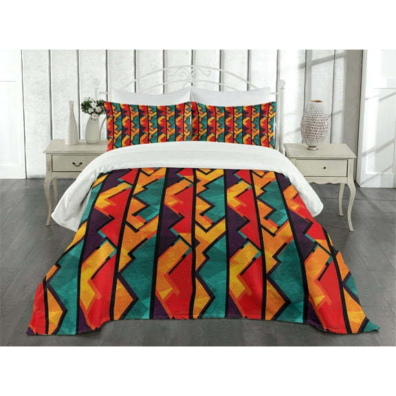 Ambesonne Grunge Quilted Bedspread Set 3 Pcs, Mosaic Style Zigzag Lines, Queen Size, Teal Vermilion Plum