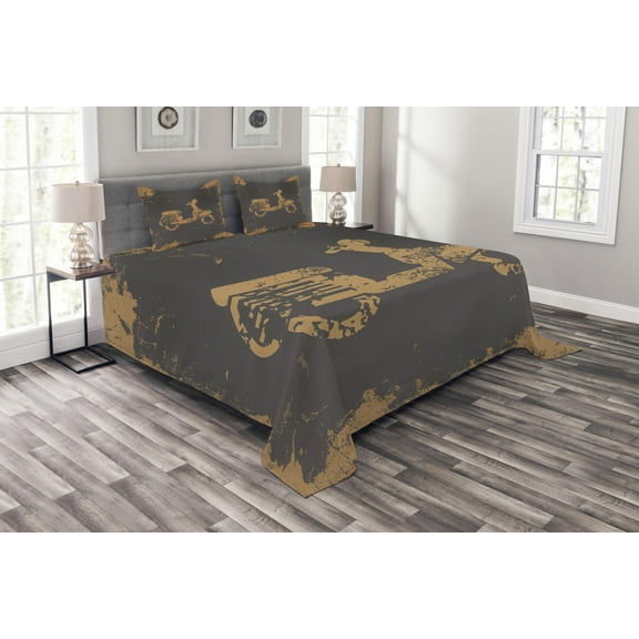 Ambesonne Grunge Quilted Bedspread Set 3 Pcs, Murky Vintage Sports, King Size, Charcoal Grey Pale Brown