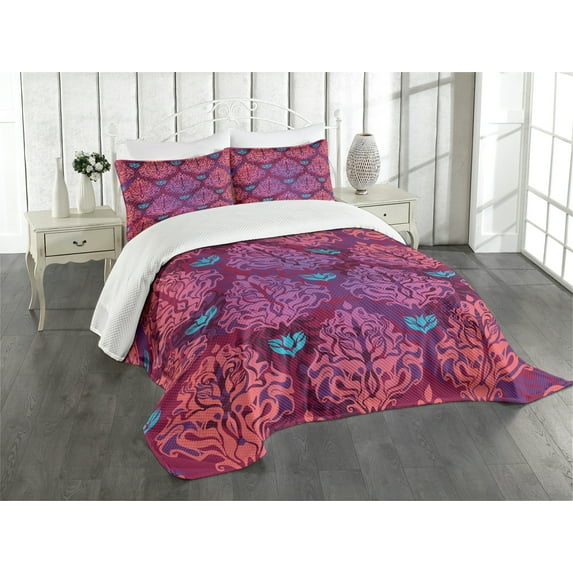 Ambesonne Grunge Quilted Bedspread Set 3 Pcs, Natural Lilac Pattern, King Size, Multicolor