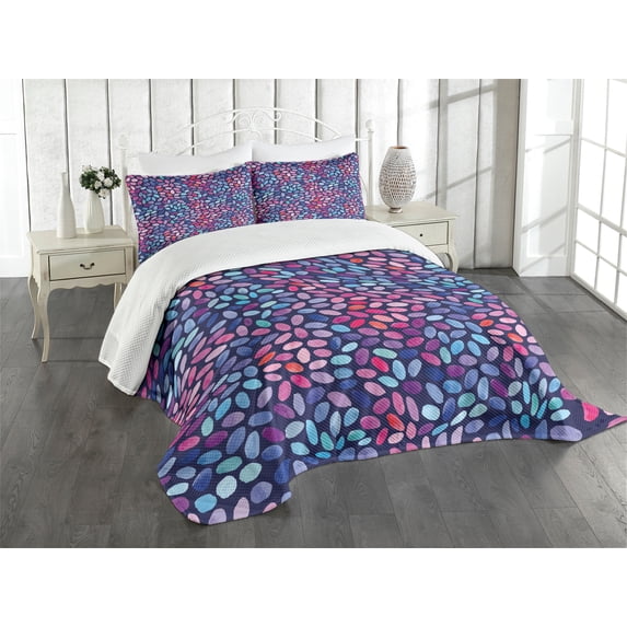 Ambesonne Grunge Quilted Bedspread Set 3 Pcs, Oval Watercolor Spots, King Size, Violet Blue Multicolor