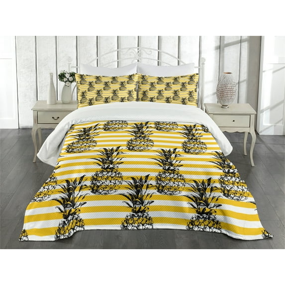 Ambesonne Grunge Quilted Bedspread Set 3 Pcs, Retro Striped Vintage, Queen Size, Black and Earth Yellow