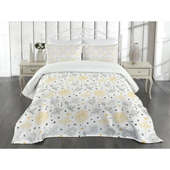 Ambesonne Grunge Quilted Bedspread Set 3 Pcs, Roses Flowers, Queen Size, Yellow Grey White