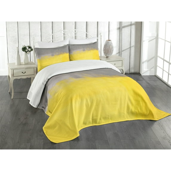 Ambesonne Grunge Quilted Bedspread Set 3 Pcs, Street Wall Art, Queen Size, Dimgray Yellow