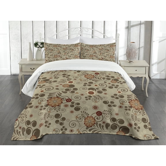 Ambesonne Grunge Quilted Bedspread Set 3 Pcs, Swirls Curves and Dots, King Size, Tan Redwood Pale Brown