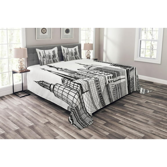 Ambesonne Grunge Quilted Bedspread Set 3 Pcs, Urban Architecture Art, King Size, Black White