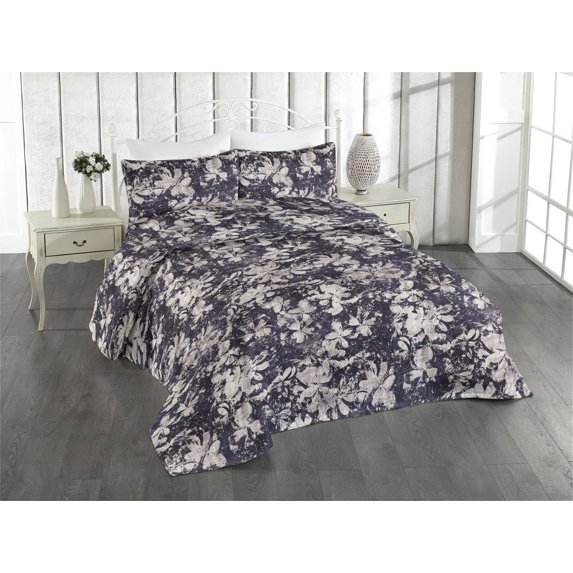 Ambesonne Grunge Quilted Bedspread Set 3 Pcs, Vintage Floral Garden Dreams, Queen, Dark Purple and Pale Tan