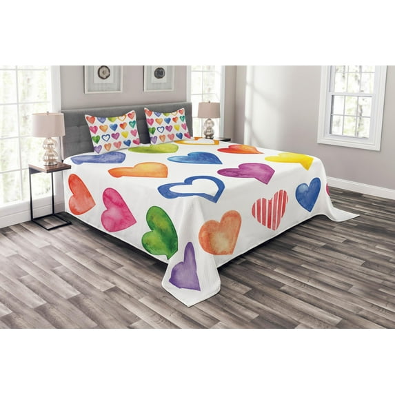 Ambesonne Grunge Quilted Bedspread Set 3 Pcs, Watercolor Heart Romance, Queen Size, Red Blue Yellow