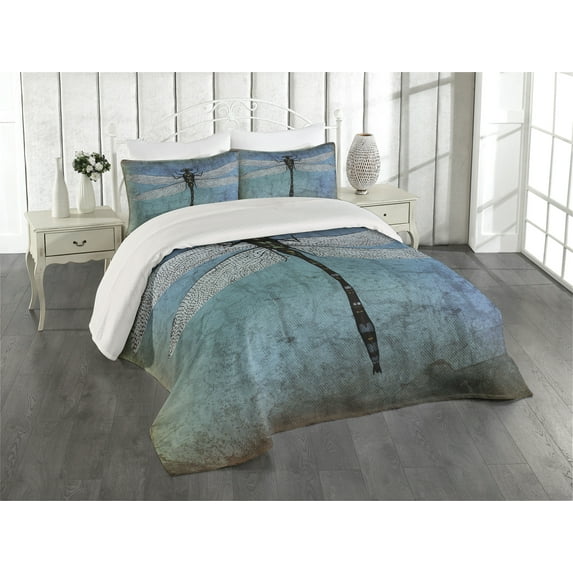 Ambesonne Grunge Quilted Coverlet 3 Pcs, Dragonfly Bug Turquoise, Queen Size, Turquoise Dark Blue