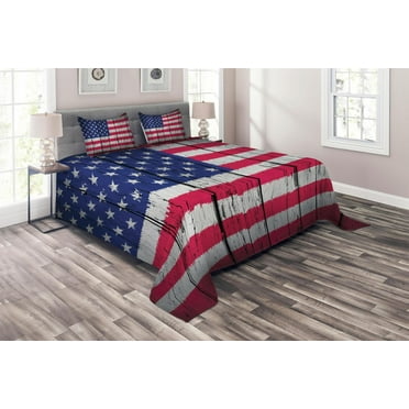 Ambesonne Grunge Quilted Coverlet 3 Pcs, July Fourth Freedom Day, Queen Size, Dark Coral Blue White