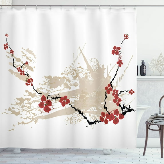 Ambesonne Grunge Shower Curtain, Japan Sakura Flowers, 69"Wx75"L, Beige White Red