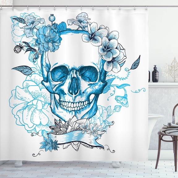 Ambesonne Grunge Shower Curtain, Skull and Flowers Mexican, 69"Wx84"L, Sea Blue