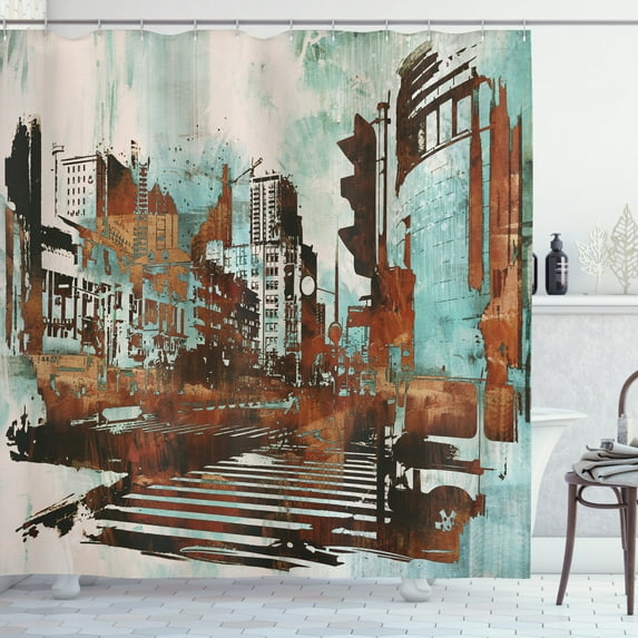 Ambesonne Grunge Shower Curtain, Urban Abstract Cityscape, 69"Wx75"L, Seafoam Brown White
