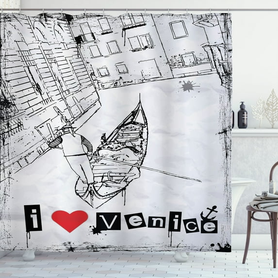 Ambesonne Grunge Shower Curtain, Venetian Canal Art Love, 69"Wx75"L, Red Black White