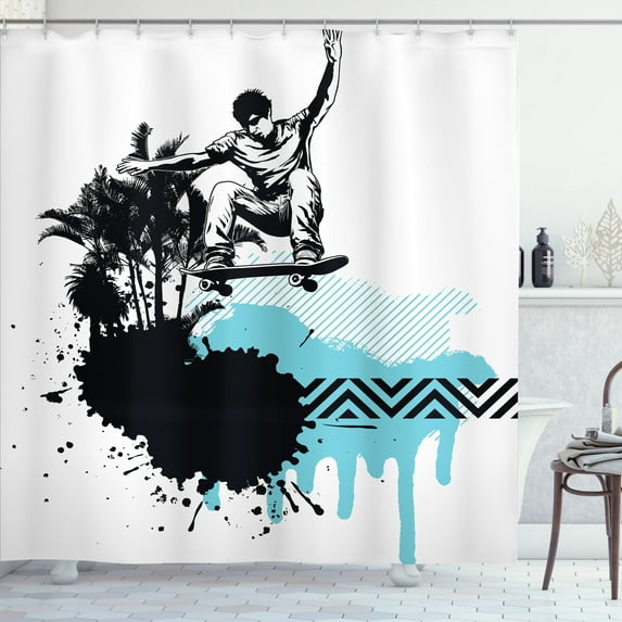 Ambesonne Grunge Shower Curtain, Young Boy Skater Exotic, 69"Wx75"L, Black Pale Blue