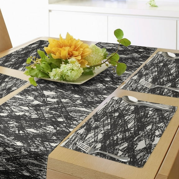 Ambesonne Grunge Table Runner & Placemats, Abstract Murky Strokes Art, Placemat 4 pcs + Runner 12"x72", Dark Taupe Grey and Eggshell
