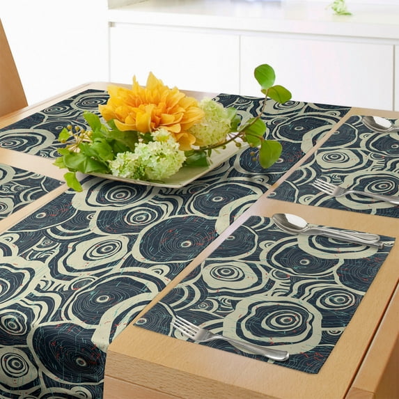 Ambesonne Grunge Table Runner & Placemats, Circles of the Tree, Placemat 4 pcs + Runner 12"x90", Reseda Green Blue